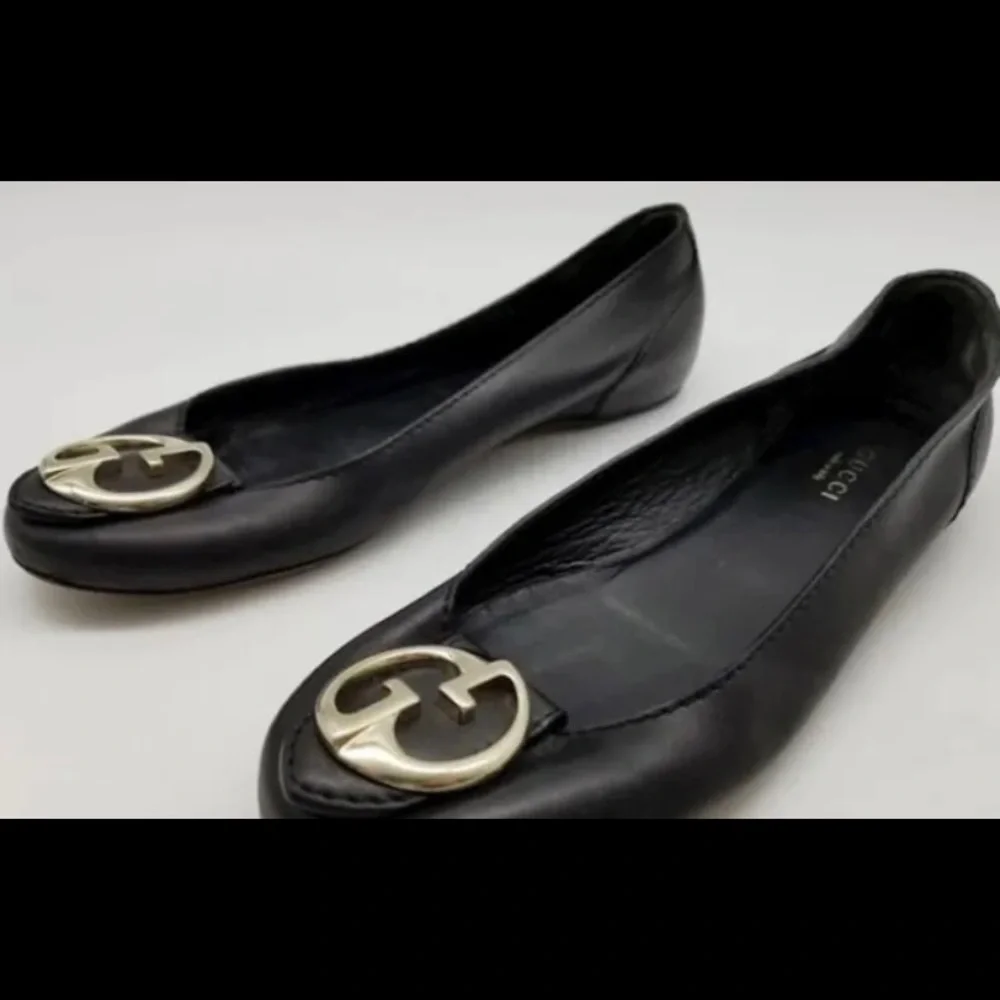 GUCCI women's black leather ballet flats Size 36.5 Made In Italy GG Logo. - Picture 6 of 9